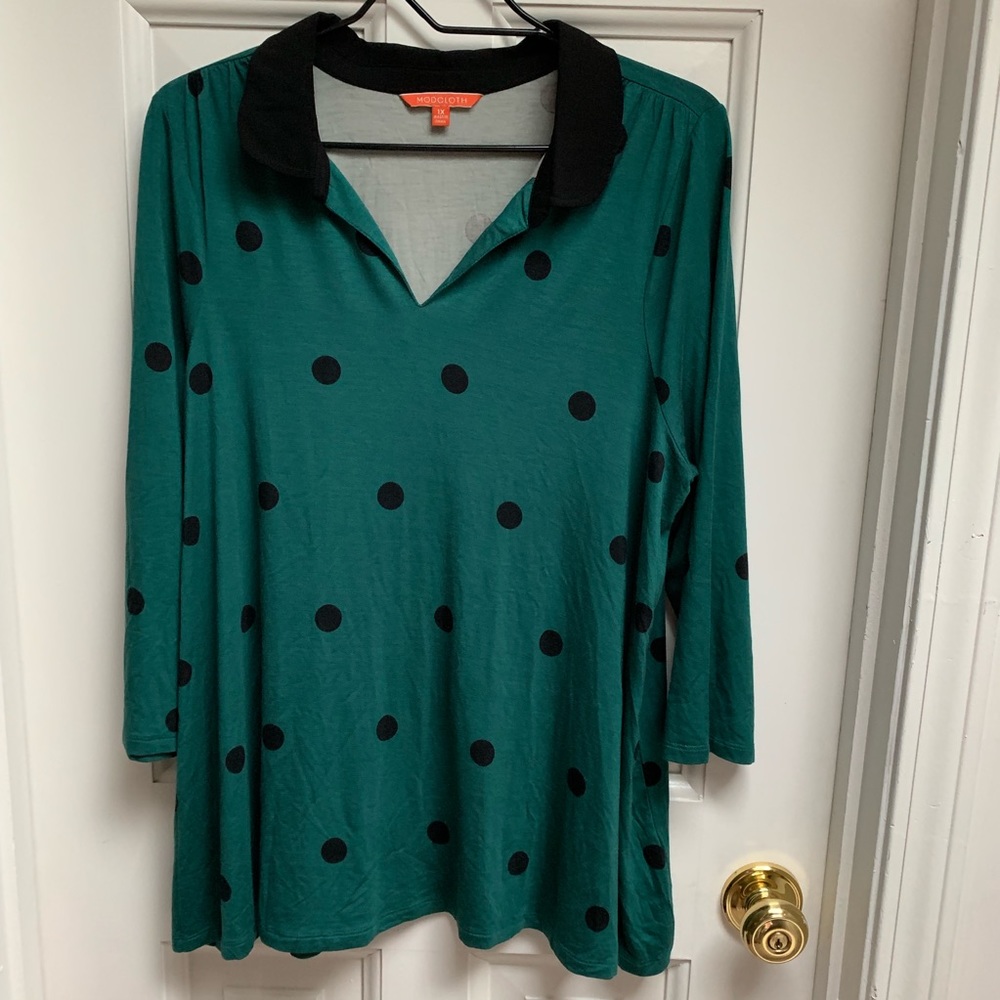 ModCloth Peter Pan Collar Green Polka - Picture 3 of 8
